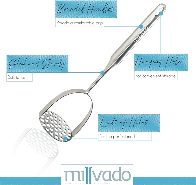 Millvado Potato Masher Stainless Steel, Best Mashed Potatoes Masher Kitchen Tool, Potato Smasher For Potatoe, Avocado, Sweet Potato, Beans, Large Heavy Duty Metal Mashing Utensil, 12.5 Inch