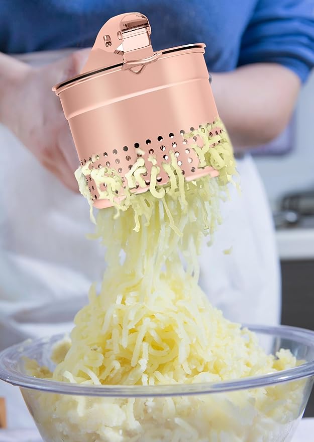 GloTika Large 15oz Potato Ricer Masher, Heavy Duty Stainless Steel Potato Masher with Ergonomic Handle, Masher and Ricer Kitchen Tool for Mashed Potatoes, Noodle Maker, Rose Gold