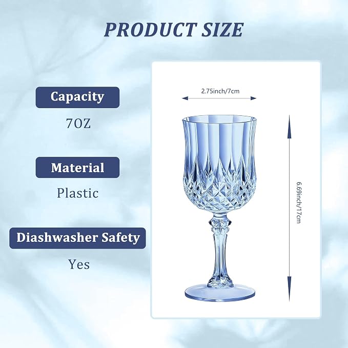 7OZ Plastic Wine Glasses, Reusable Vintage Goblets Unbreakable Drinking Glasses Crystal Water Cups Champagne for Wedding, Parties (100, Blue)