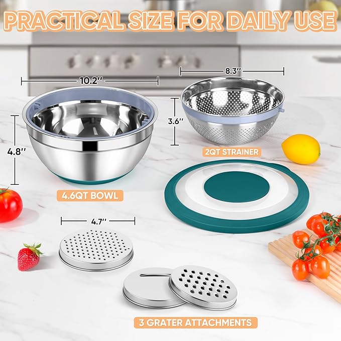 TeamFar 4-1 Colander with Bowl Set, Rotatable Colander for Kitchen, Stainless Steel Food Strainers and Colanders Mixing Bowl with Graters, for Veggies Fruits Washing, Pasta Straining - Blue