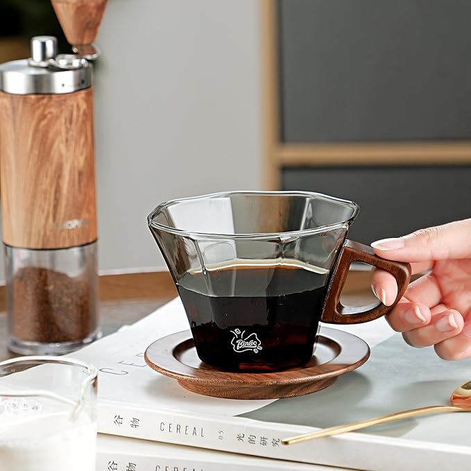 Bincoo Glass Mug with Wooden Handle and and Saucer Set-280ML Glass Coffee Cup Heat Resistant Lightweight Tea Mugs Ideal for Home, Cafe, Coffee Bar(Grey)