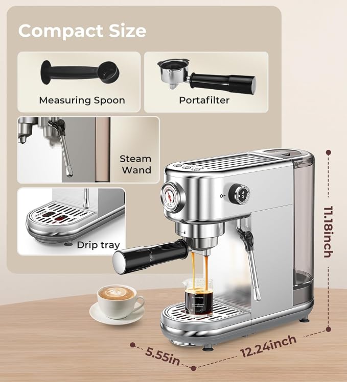 atatix Espresso Machine with Milk Frother, 20 Bar Pressure Espresso Maker, with 44OZ Removable Tank, Compact Stainless Steel Coffee Machine for Home, Office, Latte, Cappuccino, Macchiato, Silver