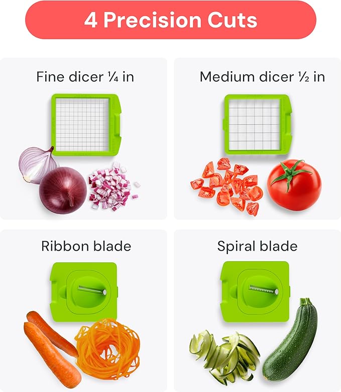 Fullstar The Original Pro Chopper - Vegetable Chopper and Spiralizer, Food Chopper with Container, Fruit Slicer, Kitchen Gadgets & Gifts, Home Essentials (4 in 1, Gray/Green)