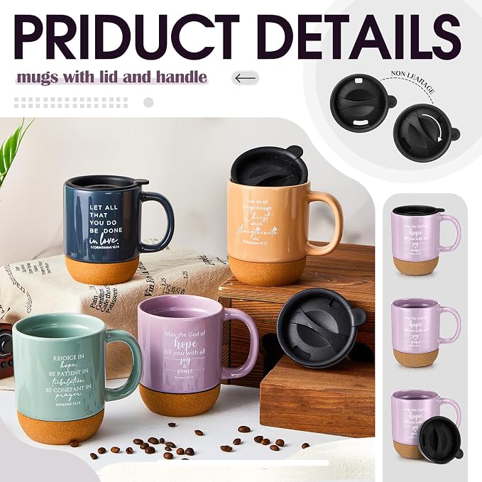 FillTouch 12 Pcs Christian Mug Gifts Bulk 15oz Religious Cup Cork Bottom Coffee Mug with Verse Inspirational Gift for Women Men Pastor Church Group Bible Study Member(Multicolor,Bible Verse)