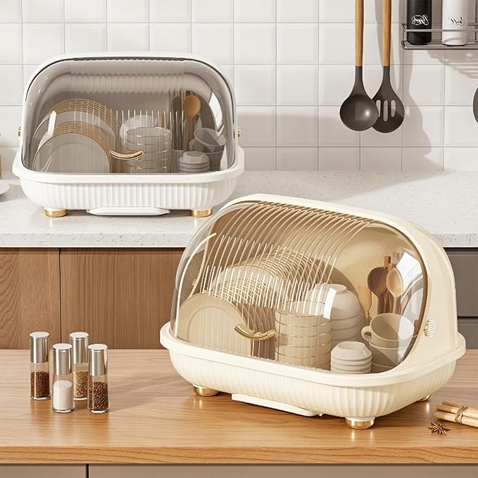 Dish Rack, Dish Drying Rack with Cover Lid and Removable Drainboard, Drying Rack Over Sink Drainer Draining Rack with Drip Tray, Large