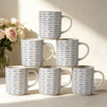 Coffee Mugs Set of 6, 17oz Ceramic Mugs with Handpainted Blue Gray Stripe Pattern, Modern Stackable Coffee Cups, Dishwasher and Microwave Safe Mugs for Home & Office (Horizontal Stripes)