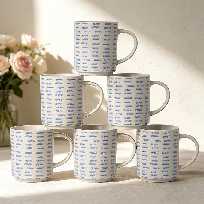 Coffee Mugs Set of 6, 17oz Ceramic Mugs with Handpainted Blue Gray Stripe Pattern, Modern Stackable Coffee Cups, Dishwasher and Microwave Safe Mugs for Home & Office (Horizontal Stripes)