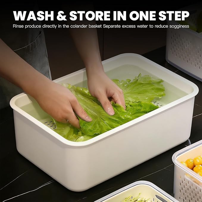 Produce Storage Containers Set with Drain Basket & Lid – Stackable Fridge Organizer Bins for Refrigerator – Fruit & Vegetable Storage Keeper, Berry Container, Lettuce Storage Box (6 Sizes) (3)