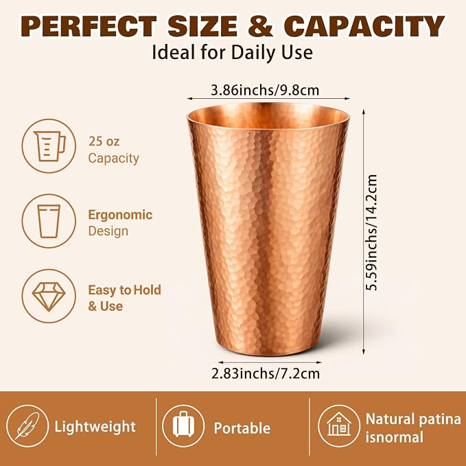 Willinglong 2 Pcs 100% Pure Copper Cup Tumblers 25 oz Handcrafted Hammered Copper Cups, Ayurvedic Health Benefits Drinking Vessel for Family Health Water, Cocktails, Iced Tea Glasses(Threaded)
