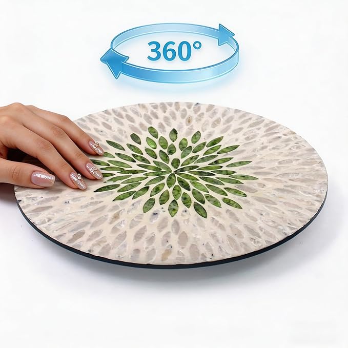 13.4" Mother of Pearl Lazy Susan, Table Centerpiece Round Shell Decorative Lazy Susan Turntable Rotating Tray Organizer for Cabinet Counter Gift Kitchen Office Cafe Home Decor (White Green)