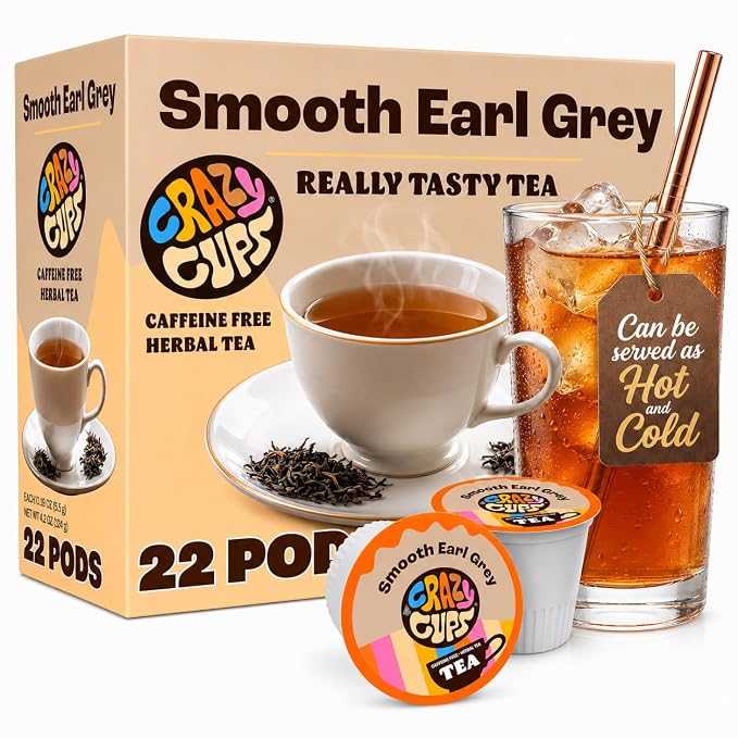 Crazy Cups Smooth Earl Grey Herbal Tea Pods, 22 Count | Caffeine Free, Kosher Certified Black Tea Blend with Licorice Root & Star Anise, K Cup Compatible, Bold Bergamot Flavor, Gluten Free, Vegan, Hot or Iced Tea