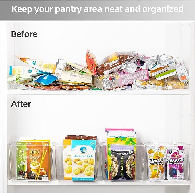 Clear Plastic Storage Bins – 4 Large Containers for Kitchen Organization or Pantry Organization and Storage, Fridge Organizer Plastic Bins, Pantry Organization and Storage Bins, Cabinet Organizers