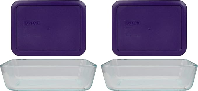 Pyrex 7210 Glass Dish & 7210-PC Plum Purple Food Storage Replacement Lid (2-Pack) - Made in the USA