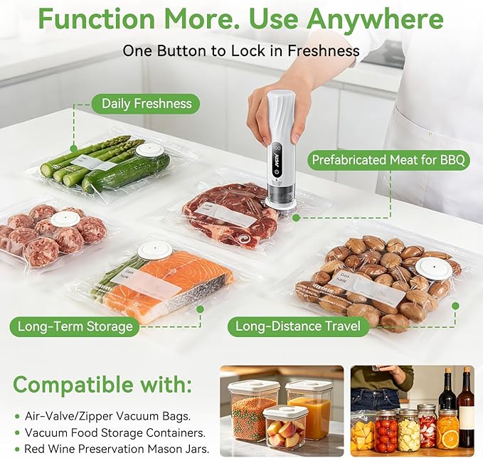 Handheld Vacuum Sealer (Food Storage):Compact Vacuum Sealer Food, 80kPa Suction, 1800 mAh Battery, 30 Reusable Sous Vide Bags, Preserve 6X Freshness For Kitchen, BBQ, Travel.