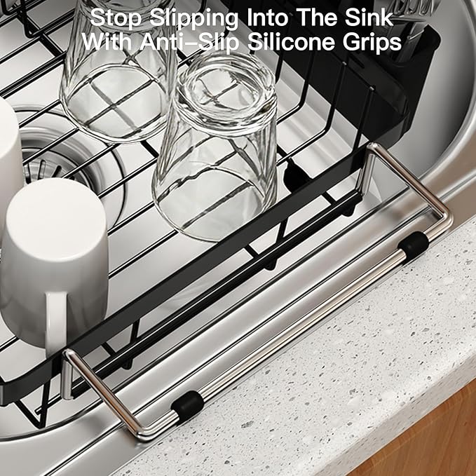 MAJALiS Dish Drying Rack Over The Sink with Utensil Holder | Expandable Stainless Steel Dish Drainer for Small Kitchen, Apartment, RV, Counter Space Saving, Perfect Fit, Rustproof