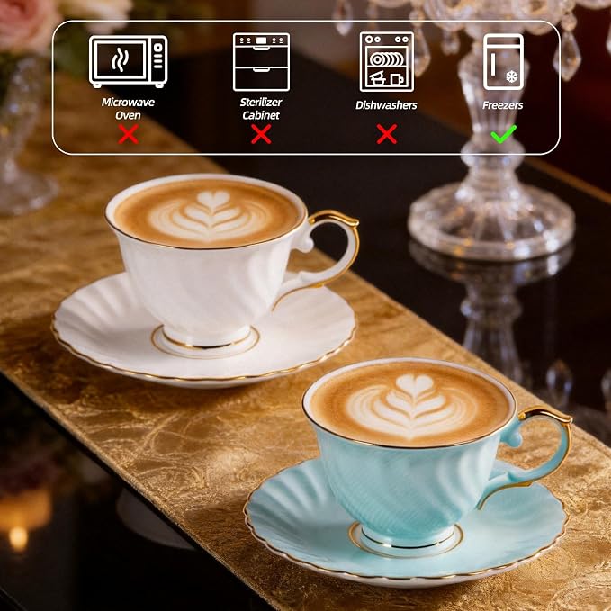 KAMMAK Tea Cups and Saucers Set of 2, Fine Bone China Coffee Cups, Stackable Espresso Mugs, Ceramic Demitasse for Coffee, Cappuccino, Latte, Americano, Tea, Sea Treasure (White + Blue)
