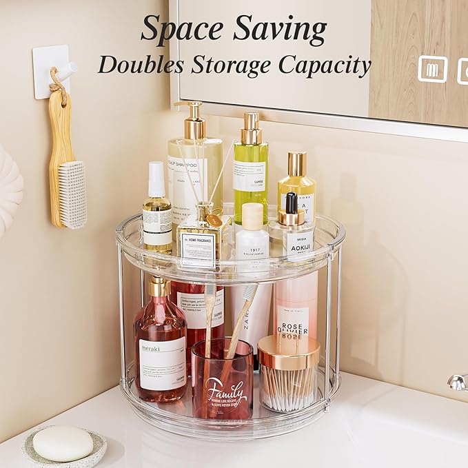 LAMU 2 Pack 2 Tier Lazy Susan Turntable Organizer 10.6'' Rotating Spice Rack Organization for Cabinet, Kitchen, Pantry, Countertop, Bathroom, Vanity, Medicine Cabinet Organizer, Clear