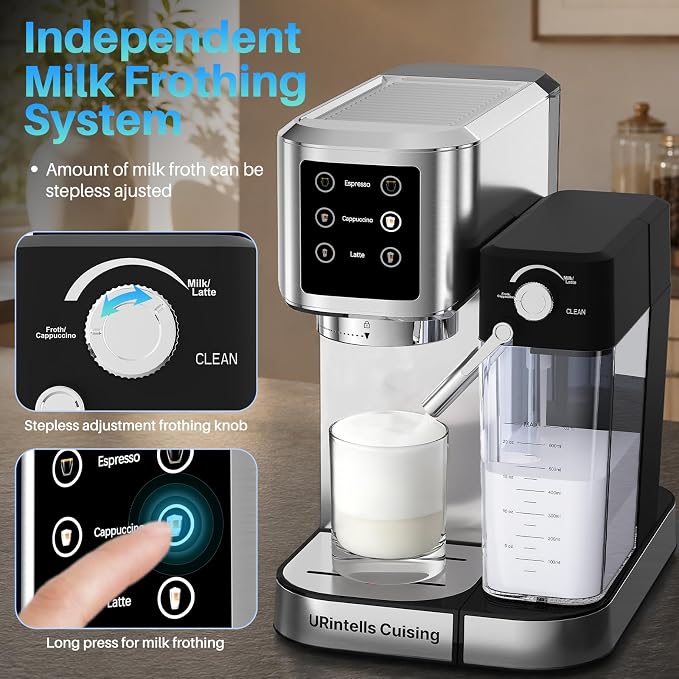 URintells Cuising Espresso Machine 4-in-1 Touchscreen Espresso Maker Hands-Free Milk Frother for Cappuccino Latte,Stainless Steel Coffee Machine with Dual Heating System and Clean Function