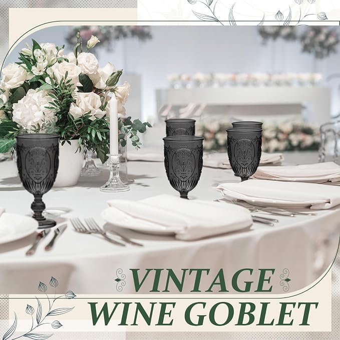 Wiwiqing 6 Pcs Plastic Goblets 7.5oz Vintage Goblet Plastic Wine Glasses Colored Retro Embossed Water Goblets for Wine Bar Juice Baby Shower Wedding Reception Grand Event Party (Black)
