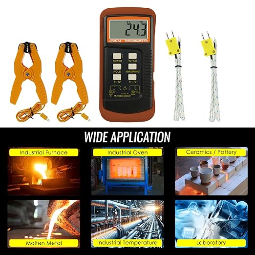K Type Thermocouple Thermometer (-50~1300°C), Dual Channels Digital Thermometer with 2 Temperature Clamp 2 Wired Thermocouple Probes, High Accuracy Temperature Kelvin Scale Meter Tester