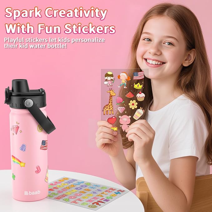 baab 18oz Kids Water Bottle, Insulated Kids Water Bottle with Lockable Spout Lid & Stickers, 18/8 Stainless Steel Vacuum Leakproof Kid Water Cup with Handle for Sports Boy Girl & School (Pink, 1 Pack)
