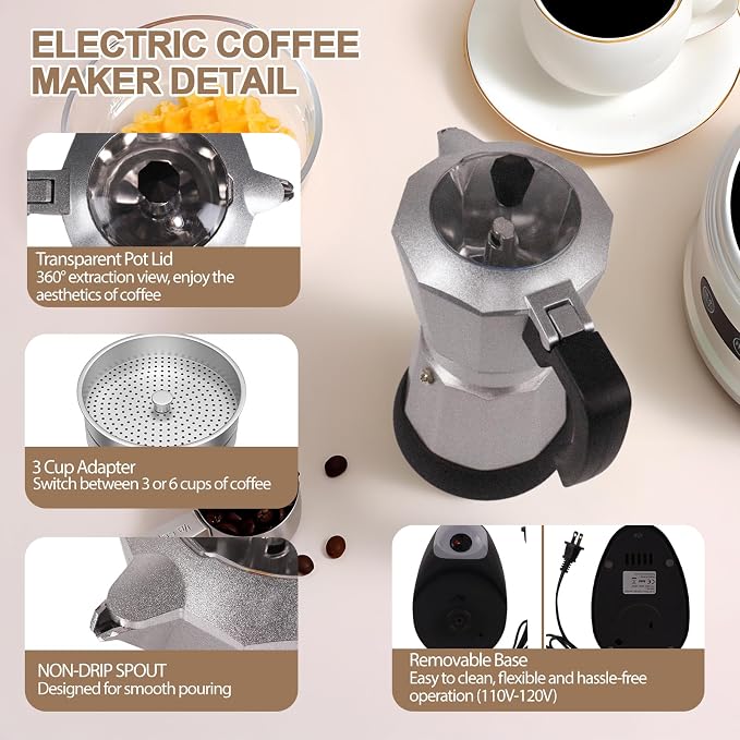 Aluminum Electric Moka Pot 3-6 Cup 270ml Express Coffee Maker Stovetop Espresso Portable Coffeemaker Italian Classic Brewing Greca Cafe Mocha with Removable Base and Overheating Protection Machine