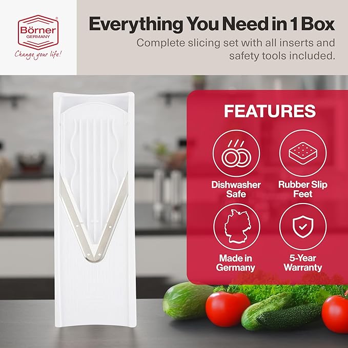 Swissmar V-Prep™ Mandoline Slicer – Versatile Kitchen Slicer for Julienne, Shred, Cube & Slice – Includes Multi-Function Bowl & Safety Holder – Essential Kitchen Gadget – White