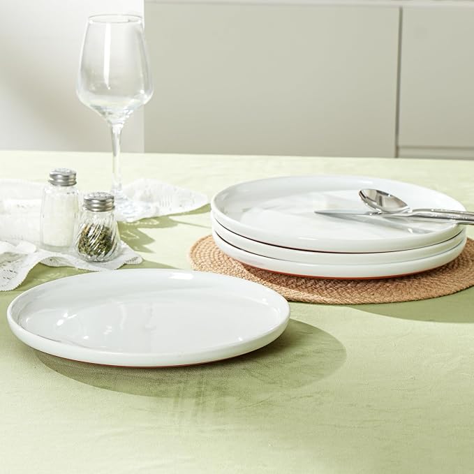 Ceramic Dinner Plates, 10.25 Inch, Set for 4, Elegant White | Flat Dish Design, Microwave & Dishwasher Safe, Perfect for Family and Entertaining, For Steak, Sandwiches, Pizza, Pasta
