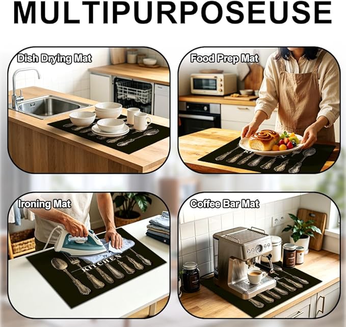 Stove Mat 28.35 x 20.47 Inch Vintage Cutlery Display with Classic Spoon Fork Knife on Dark Background Rustic Kitchen Art Style Timeless Antique Decor Look