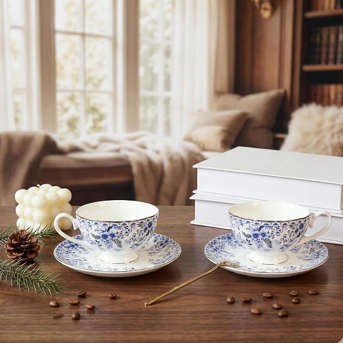 Vintage Floral Porcelain Tea Cup and Saucer Set with Gold Trim, Classic Blue Pattern, 6 oz Capacity