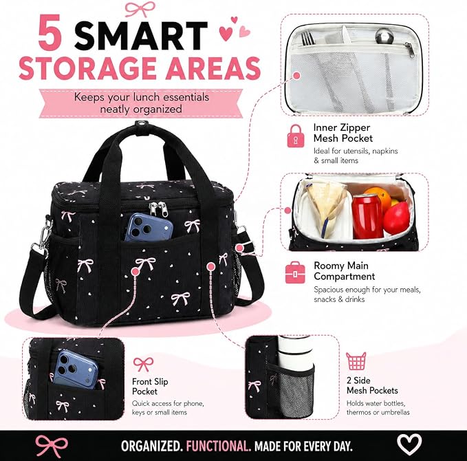 BTOOP Insulated Lunch Box for Women, Cute Corduroy Lunch Bag with Shoulder Strap, Leakproof Wide-Open Lunch Tote for Work, Office, School, Picnic, Pink Bow-Black
