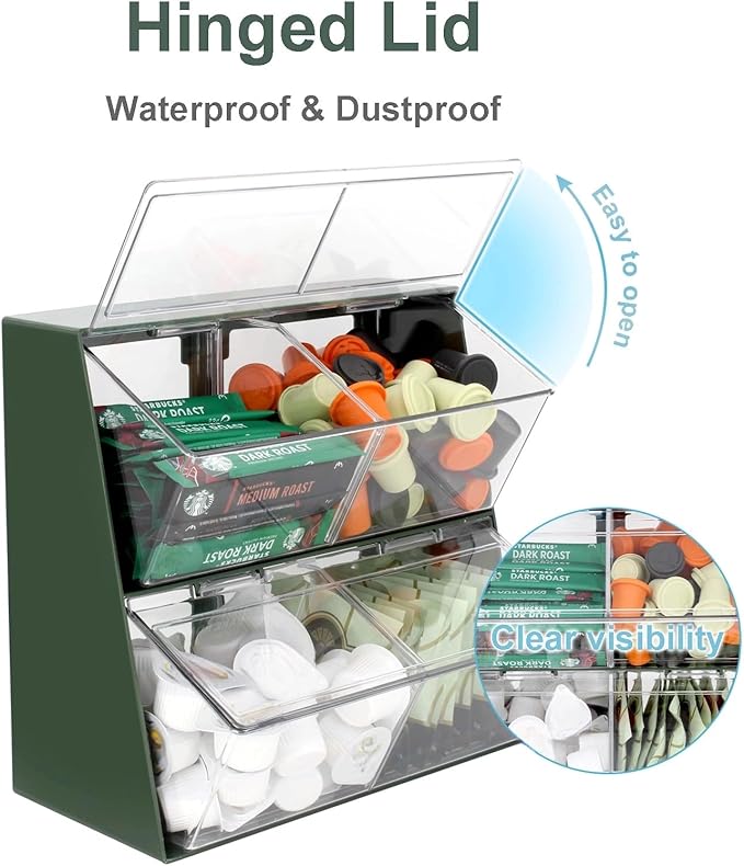 Bokelai K Cup Holder Plastic Organizer for coffee pod with Lid Large Capacity Countertop Versatile Desk Storage Station for Capsule Creamer Suger Tea Bag Face Mask Green/Clear