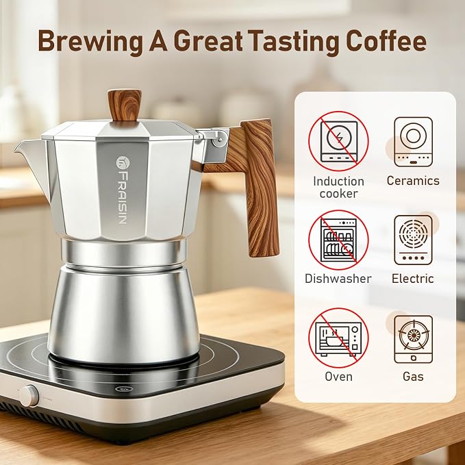 Stovetop Espresso Moka Pot Coffee Maker, Non-slip Wood Grain Handle, Cast Aluminum, Compatible with Gas, and Electric Stoves (Silver, 6 cups)