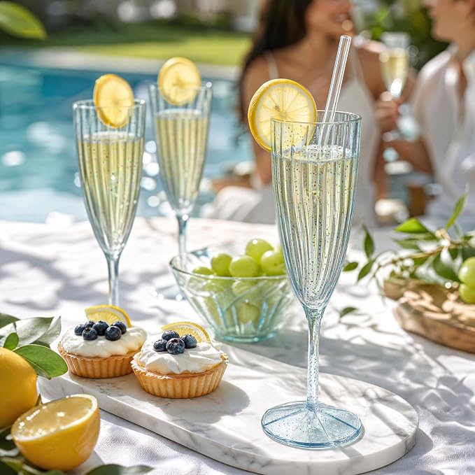 WDF 36PCS Blue Plastic Champagne Flutes - 6OZ Blue Glitter Champagne flutes - Party Supplies for Wedding/Birthday/Baby Shower/Housewarming/Pool party