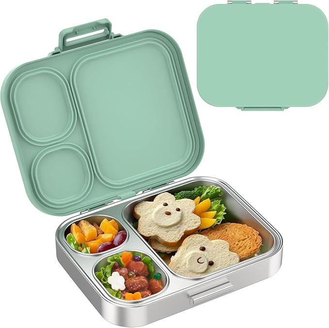 LOHASOK Stainless Steel Lunch Box: Metal Bento Box for Kids Adults - Leak-Proof 3 Compartments,Green