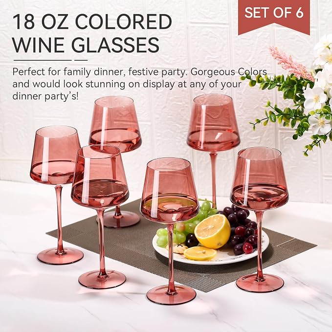 Rose Wine Glasses Set of 6,18oz Rose Wine Glassware Gift Set for Wife & Mom-Colorful Hand Blown Glass Drinkware for Red White Wine