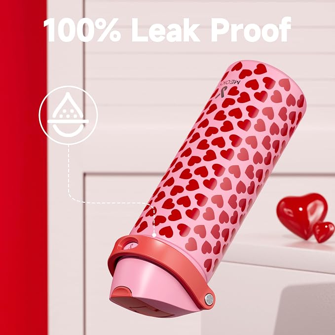 24 oz Valentine's Day Water Bottle: Meoky Stainless Steel Heart Water Bottle with 2-in-1 Straw and Spout Lid - Leak Proof, Fits in Car Cup Holder, Valentines Day for Her Women Wife Girls, Lovie
