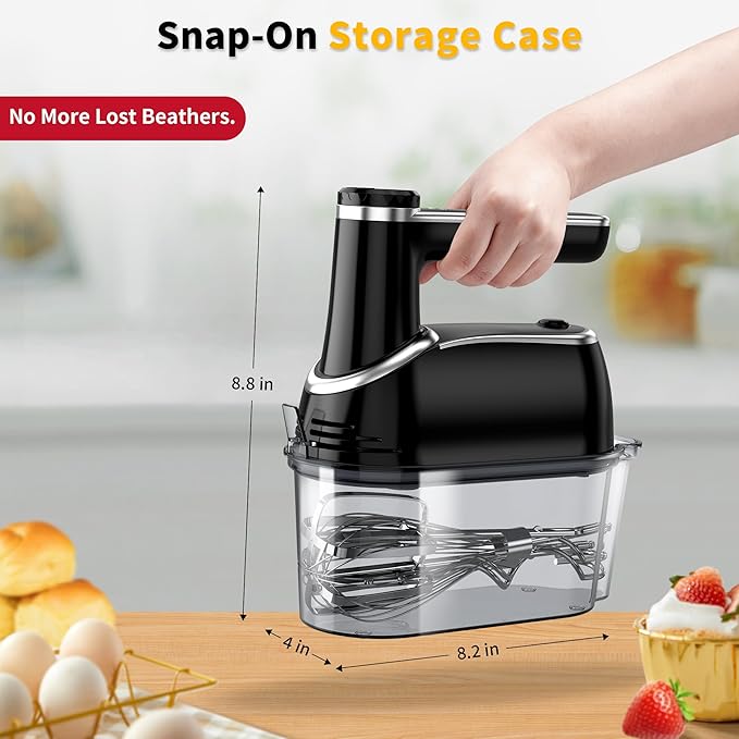 binROC Cordless Electric Hand Mixer, 12-Speed Rechargeable Handheld Mixer with Eject Button, 6 Stainless Steel Attachments, Snap-On Storage Case, LED, Self-Stand for Baking, Cake, Dough, Egg (Black)