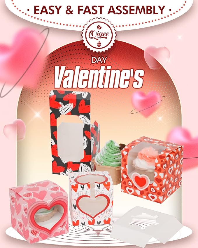 qiqee Valentine Cupcake Boxes Individual 60pcs Auto-Popup 3.5" x 3.5" x 3.5" Single Cupcake Carrier Container for Vanlentine ＆ Party