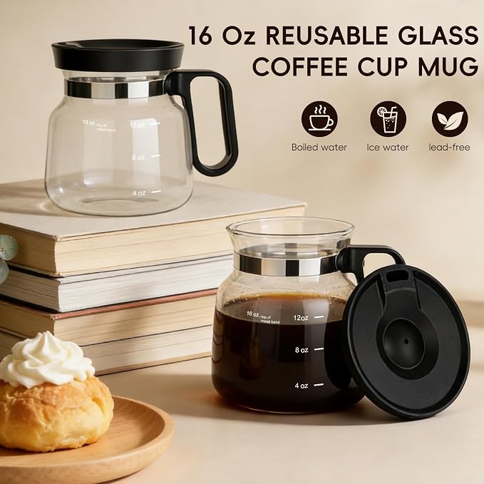 2pcs Coffee Pot Mug with Lid,16Oz Mini Glass Coffee Pot Coffee Mug Set with Spill Proof Lid & Heat Proof, Novelty Coffee Pot Cup for Coffee Lovers Gifts (2PCS)