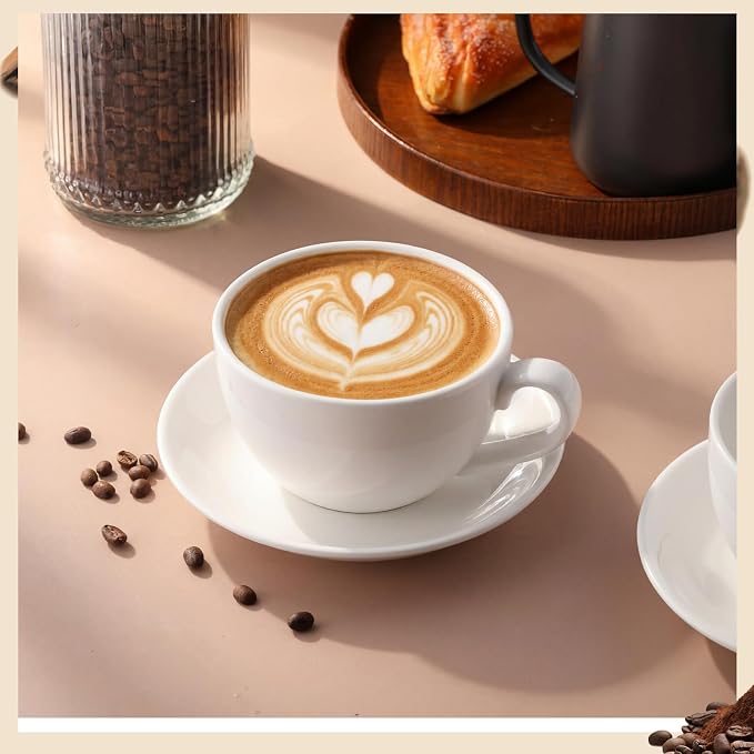 4 Set 16 oz Cappuccino Cups with Saucers Large Ceramic Coffee Mugs White Espresso Cup and Saucer Set Heavyweight Porcelain Housewarming Gift for Tea Espresso Latte Kitchen Cafe