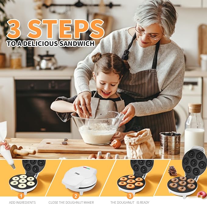 DSP Mini Donut Maker - Non-Stick, 7 Donuts, Cool-Touch | Quick 3-Min Baking, Indicator Lights, Easy Wipe-Clean, Breakfast/Snacks/Desserts