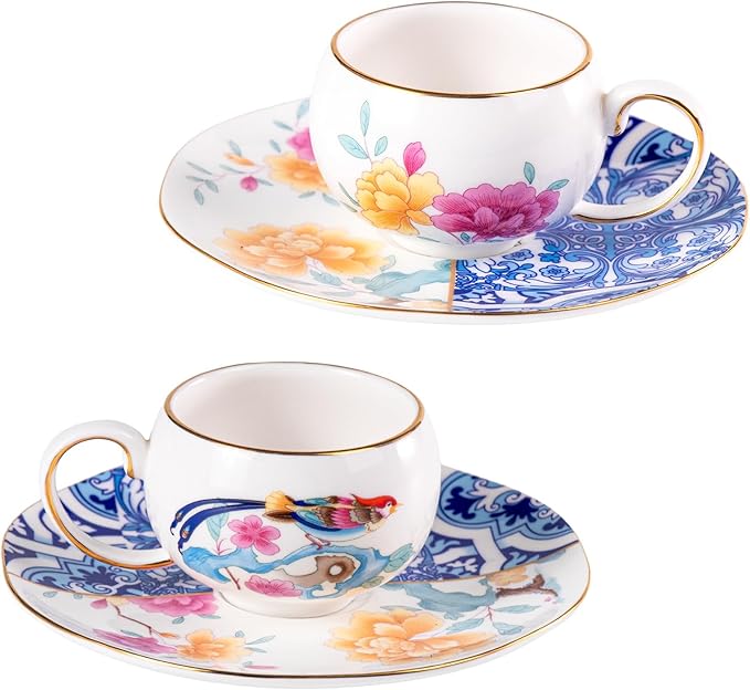 KAMMAK Tea Cups and Saucers Set of 2, Fine Bone China Coffee Cups, Stackable Espresso Mugs, Ceramic Demitasse for Coffee, Cappuccino, Latte, Americano, Tea, Blueprint of Prosperity (Medium)