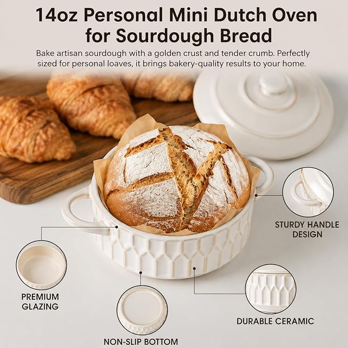 Mini Cocotte Set of 4, 14 oz Ceramic Mini Cocotte with Lids, Small Ceramic Casserole Dishes for Oven, Individual Baking Dish for Mini Sourdough, Soup, Soufflé & Pot Pie, Oven Safe