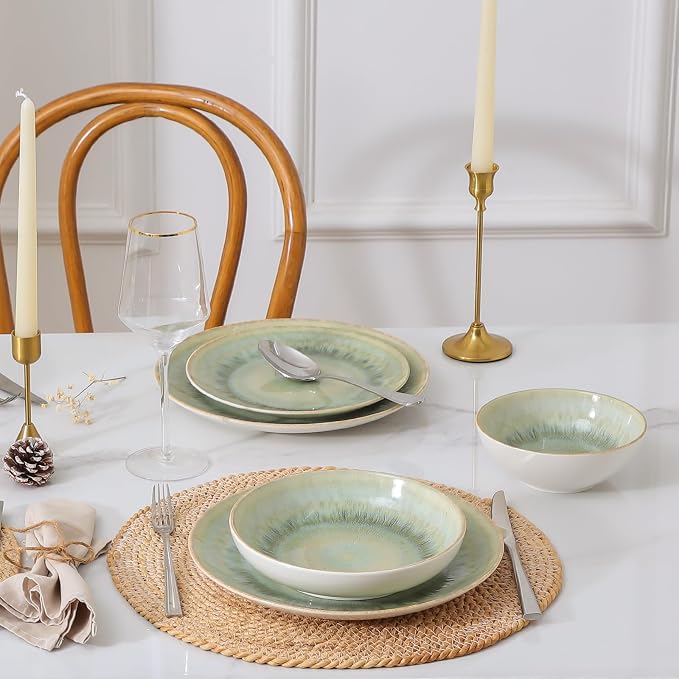 DOMICREVERY Ceramic Dinnerware Sets for 6, 24 Pcs Ceramic Plates and Bowls Sets, Moss Green