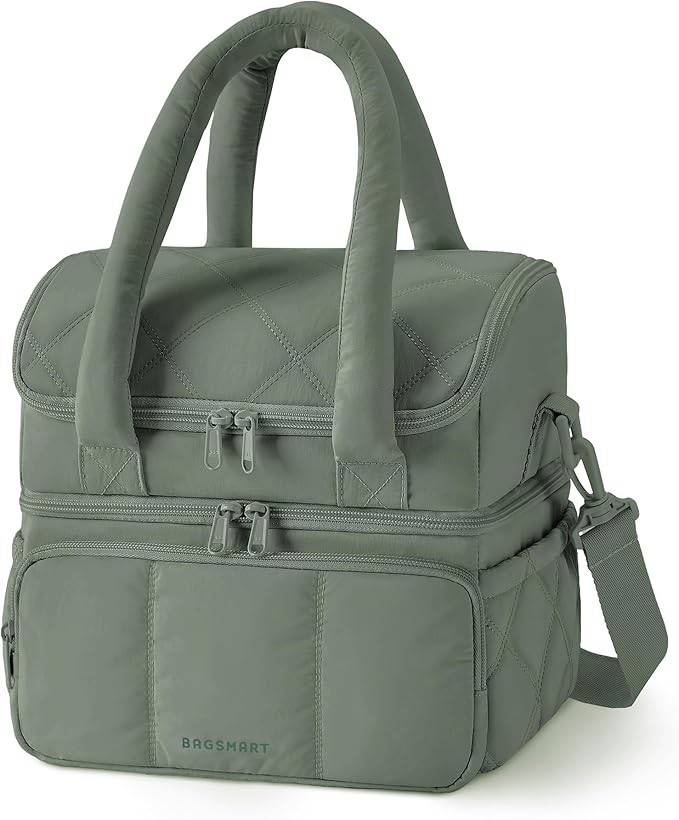BAGSMART Lunch Bag Women, Double Deck Insulated Lunch Box, Quilted Puffer Lunch Tote, Leakproof, Durable & Reusable Large Lunch Cooler For Work Picnic Travel Meal Prep, Olive Green