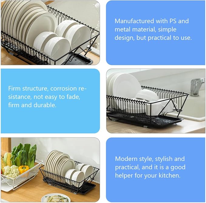 Ipetboom Dish Drying Rack with Utensils Basket and Drainboard, Black Metal Kitchen Dish Drainer Holder for Countertop Storage Over Sink Use