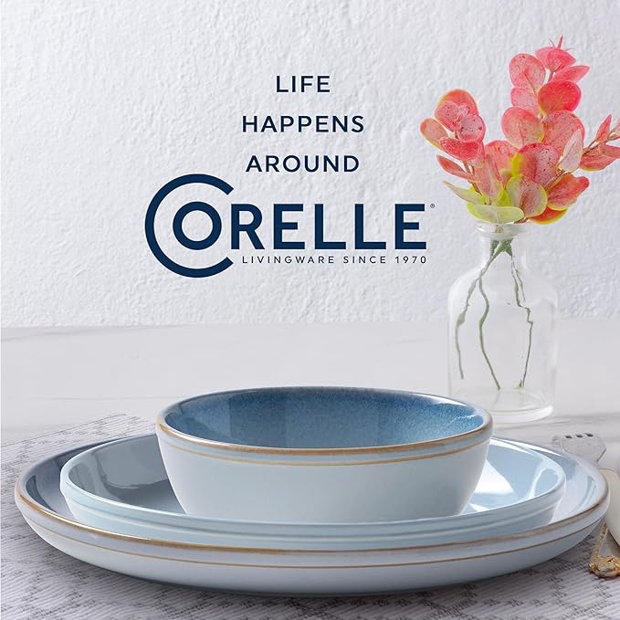 Corelle Stoneware Dinnerware Set, Handmade Reactive & Solid Glazed Ceramic Plates and Bowls, Modern Rustic Style Round Dishes, Service for 4, Nordic Blue 16 PIECE SET