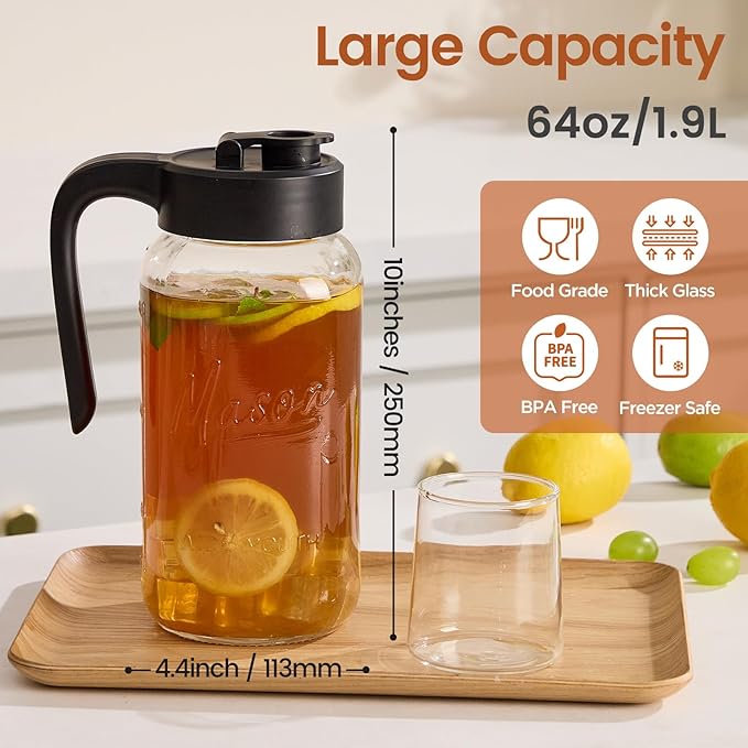 Mason Jar Pitcher - Airtight & Leakproof Glass Pitcher with Lid, Perfect for Breastmilk, Cold Brew, and Sun Tea, 2 Quart (64 oz) Mason Jar with Pour Spout Lid