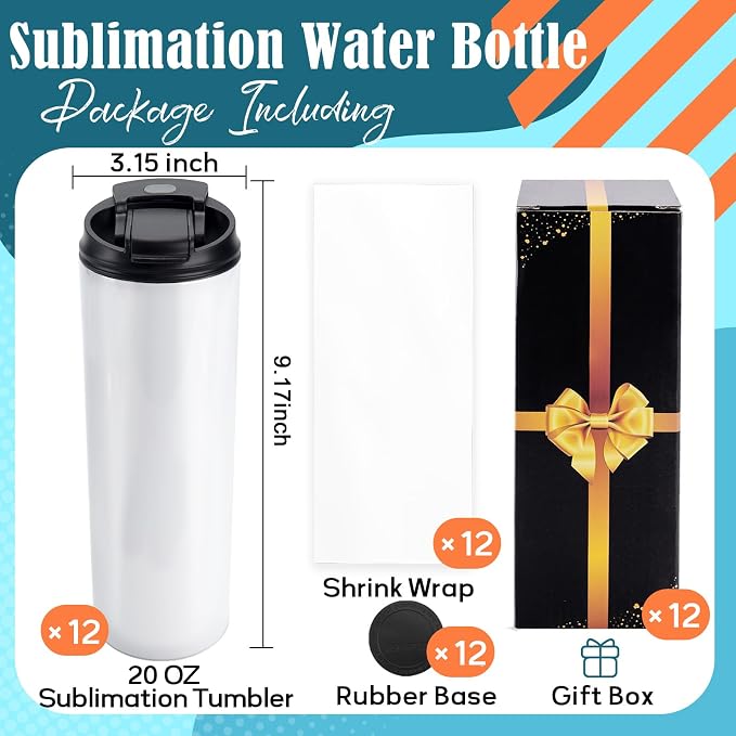 Joyclub 12 Pack Sublimation Water Bottles, 20 oz Dual Opening Tumblers | DIY Sublimation Blanks, Stainless Steel Bottle, Leakproof, Straw Included, Double-Wall Insulated for Gifts & Outdoor Use